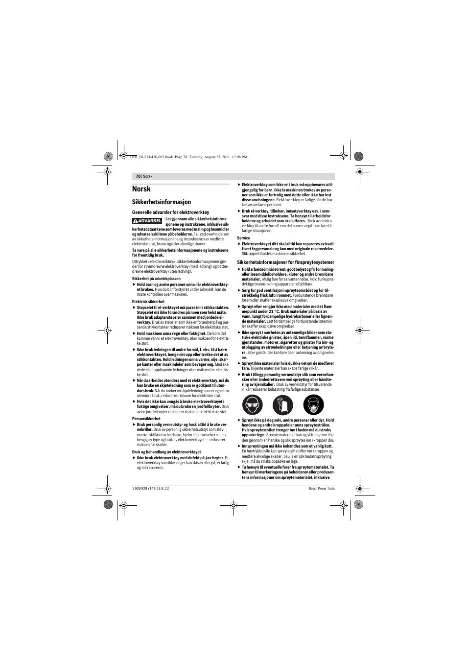 Norsk, Sikkerhetsinformasjon | Bosch PFS 105 E User Manual | Page 70 / 193