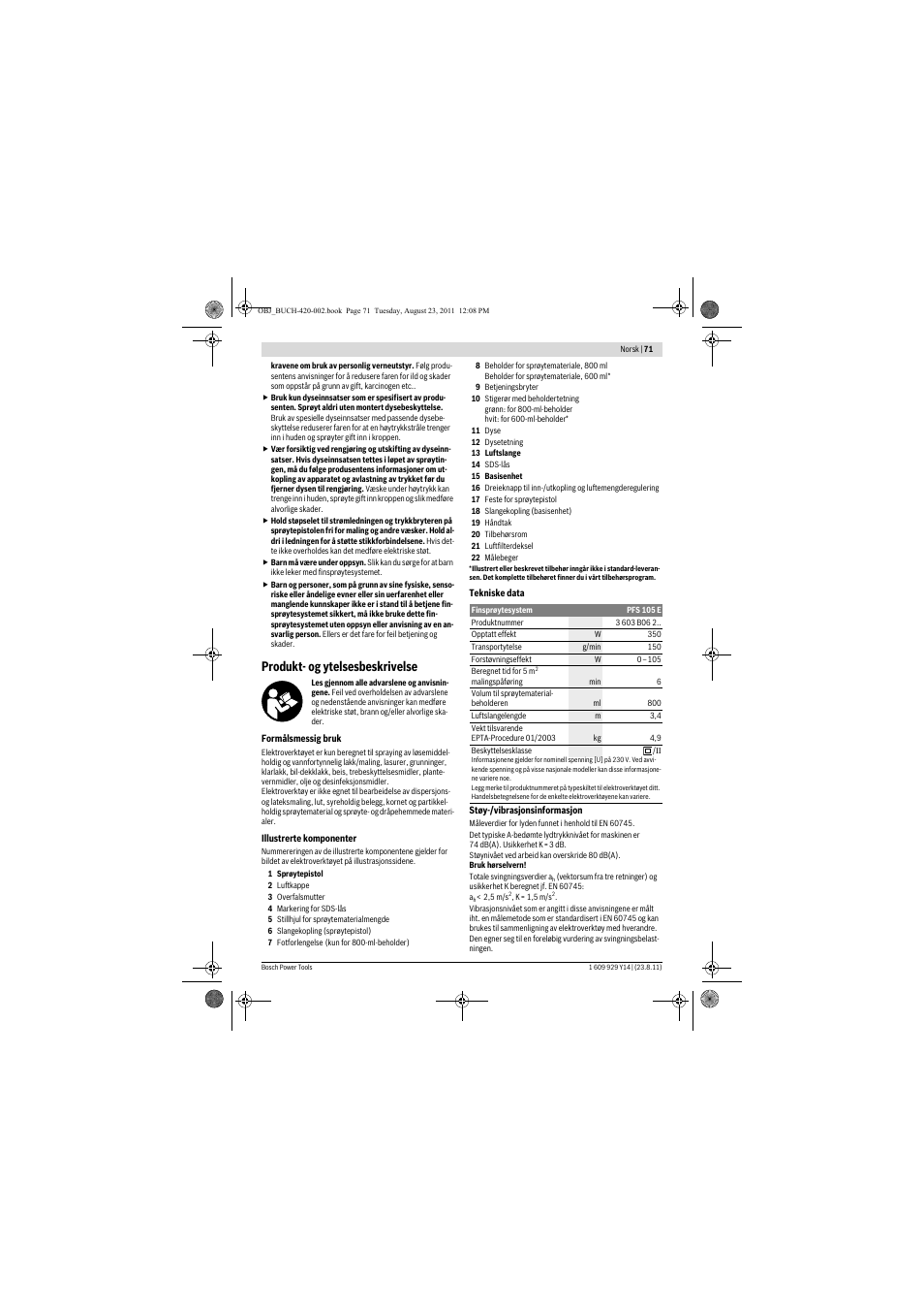 Produkt- og ytelsesbeskrivelse | Bosch PFS 105 E User Manual | Page 71 / 193