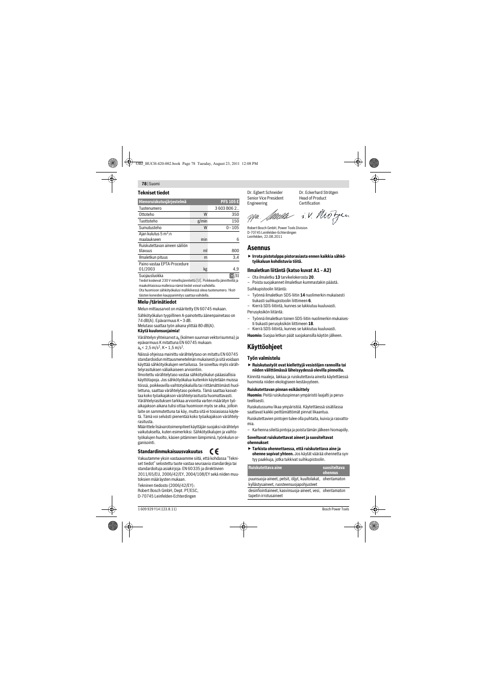 Asennus, Käyttöohjeet | Bosch PFS 105 E User Manual | Page 78 / 193