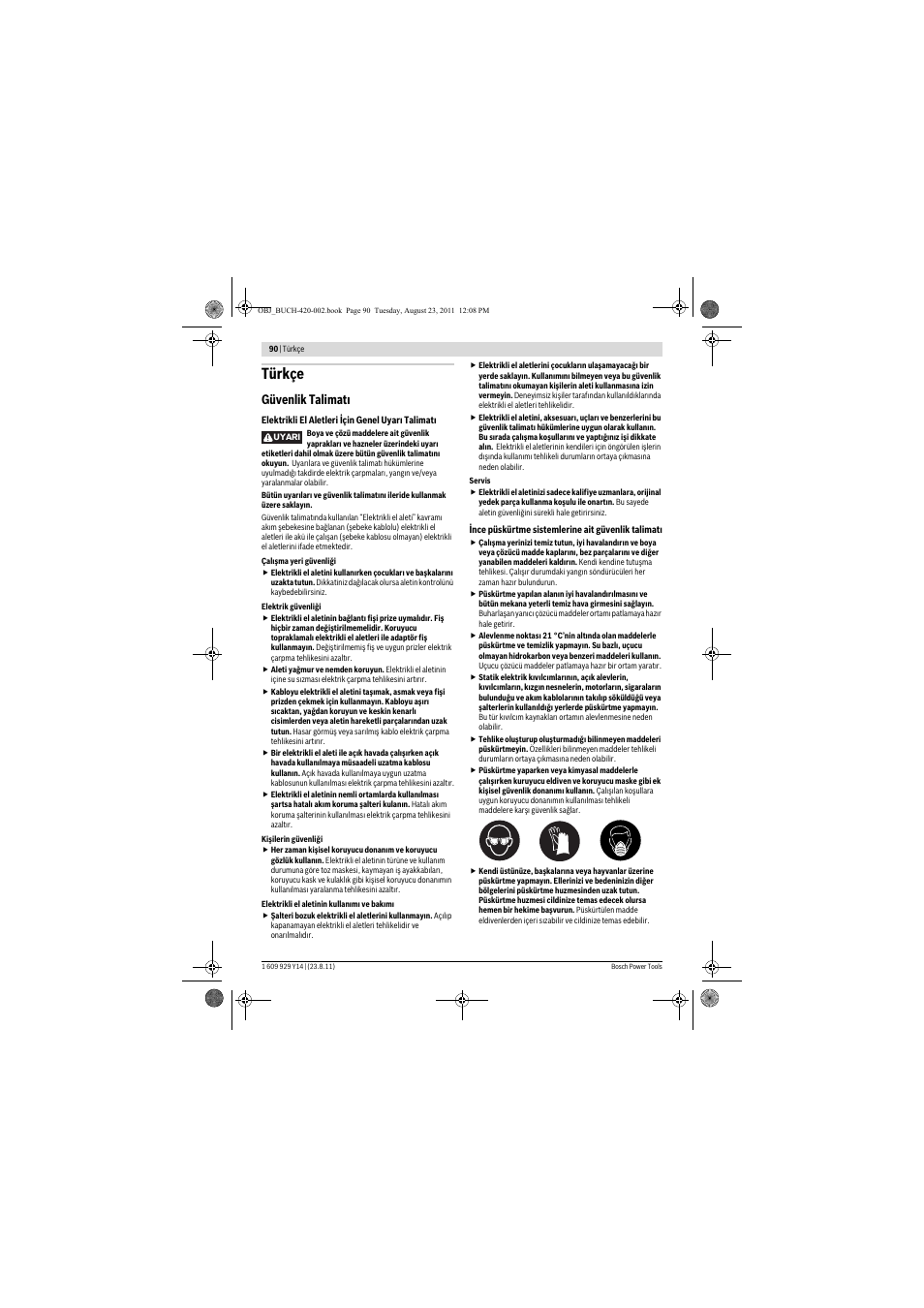 Türkçe, Güvenlik talimat | Bosch PFS 105 E User Manual | Page 90 / 193