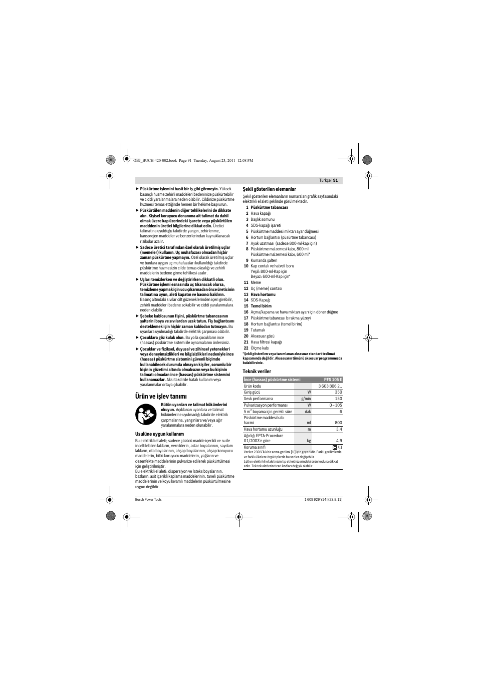 Ürün ve işlev tan m | Bosch PFS 105 E User Manual | Page 91 / 193