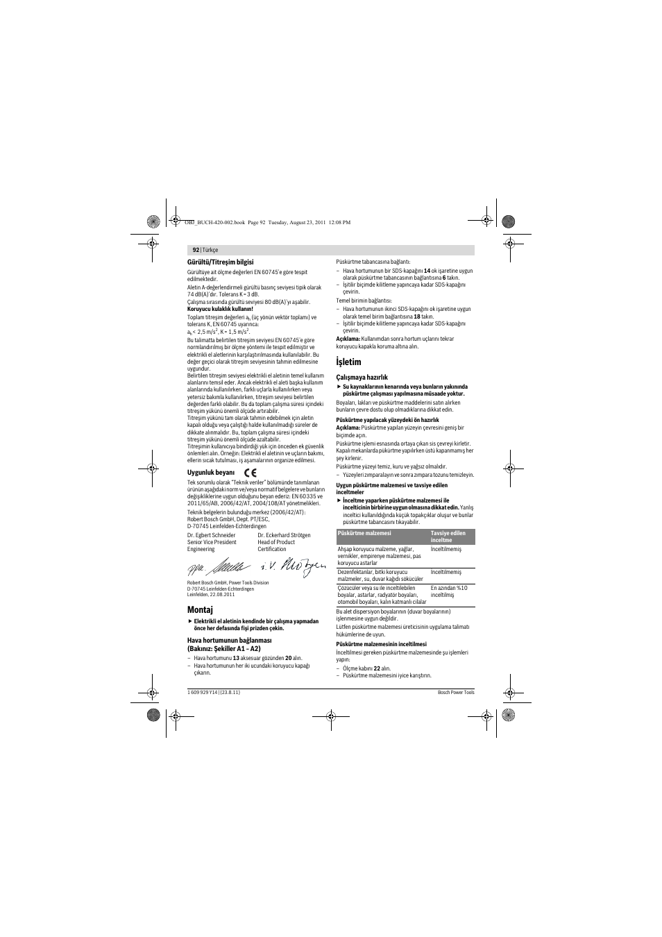 Montaj, Işletim | Bosch PFS 105 E User Manual | Page 92 / 193