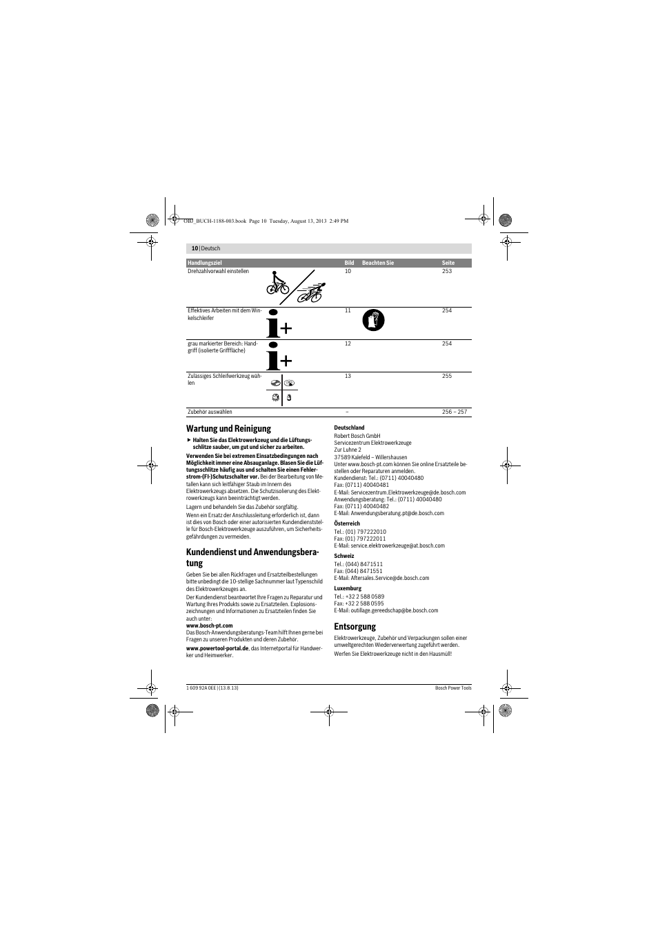 Wartung und reinigung, Kundendienst und anwendungsbera- tung, Entsorgung | Bosch GWS 7-125 Professional User Manual | Page 10 / 257