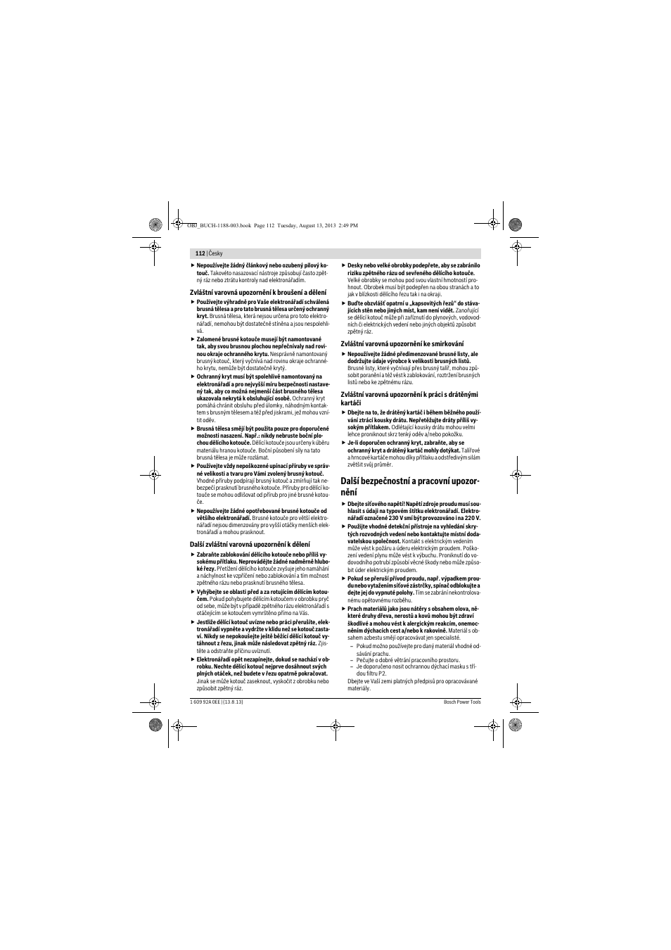 Další bezpečnostní a pracovní upozor- nění | Bosch GWS 7-125 Professional User Manual | Page 112 / 257