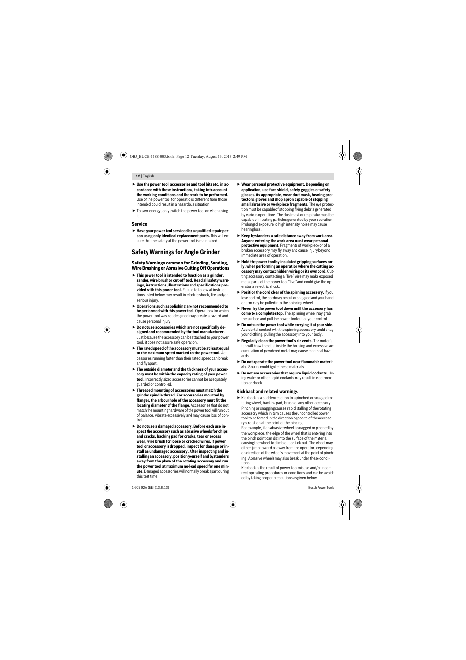 Safety warnings for angle grinder | Bosch GWS 7-125 Professional User Manual | Page 12 / 257