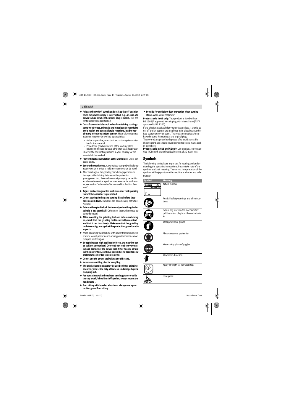 Symbols | Bosch GWS 7-125 Professional User Manual | Page 14 / 257