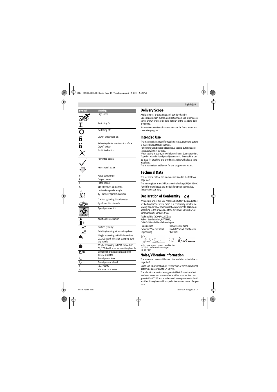 Delivery scope, Intended use, Technical data | Declaration of conformity, Noise/vibration information | Bosch GWS 7-125 Professional User Manual | Page 15 / 257