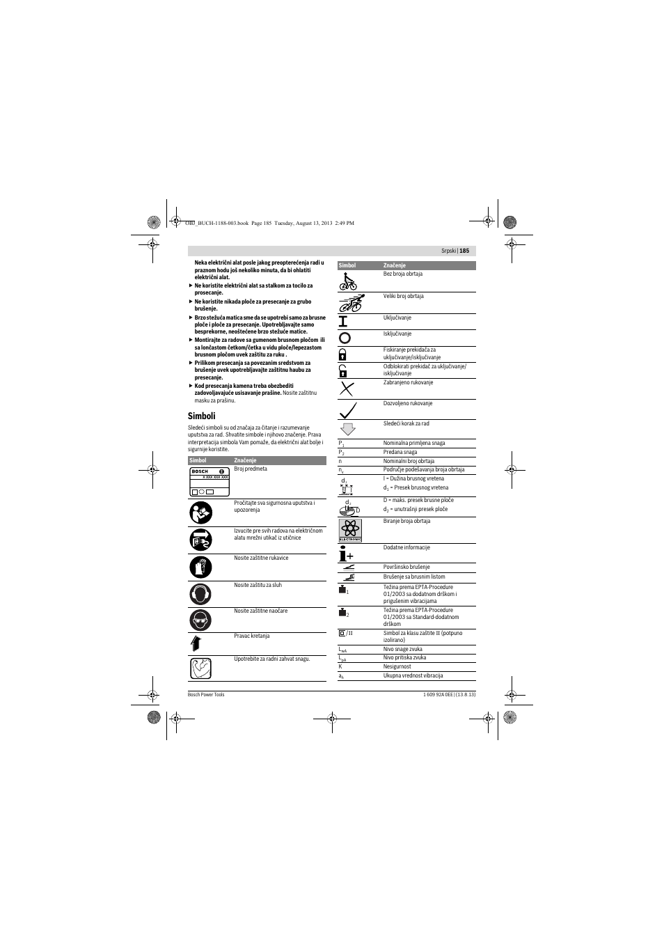 Simboli | Bosch GWS 7-125 Professional User Manual | Page 185 / 257