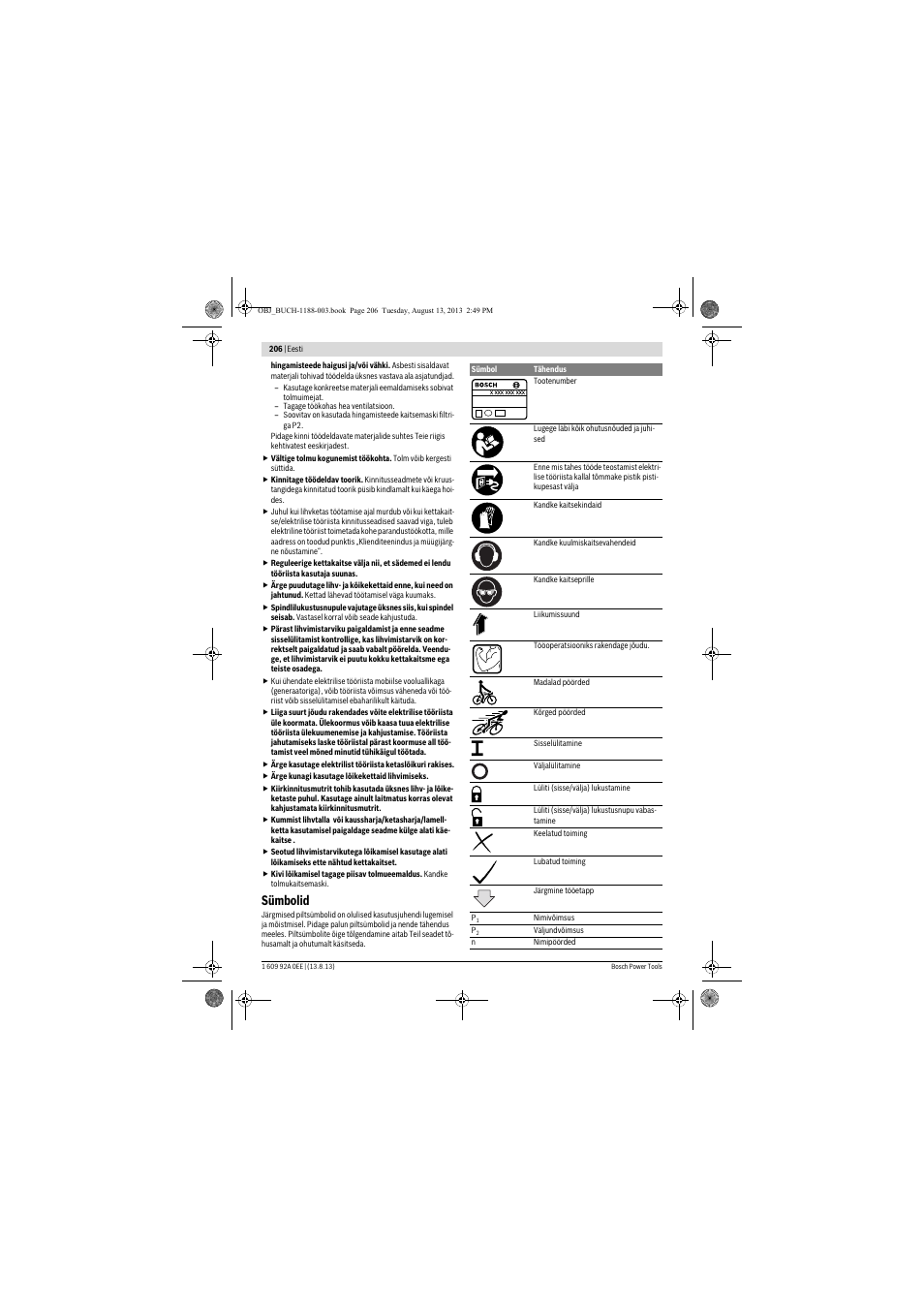 Sümbolid | Bosch GWS 7-125 Professional User Manual | Page 206 / 257