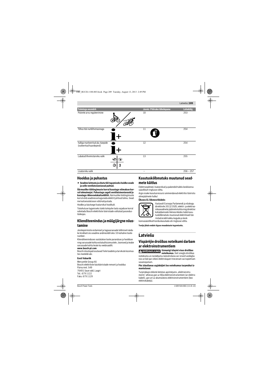 Latviešu, Hooldus ja puhastus, Klienditeenindus ja müügijärgne nõus- tamine | Kasutuskõlbmatuks muutunud sead- mete käitlus | Bosch GWS 7-125 Professional User Manual | Page 209 / 257