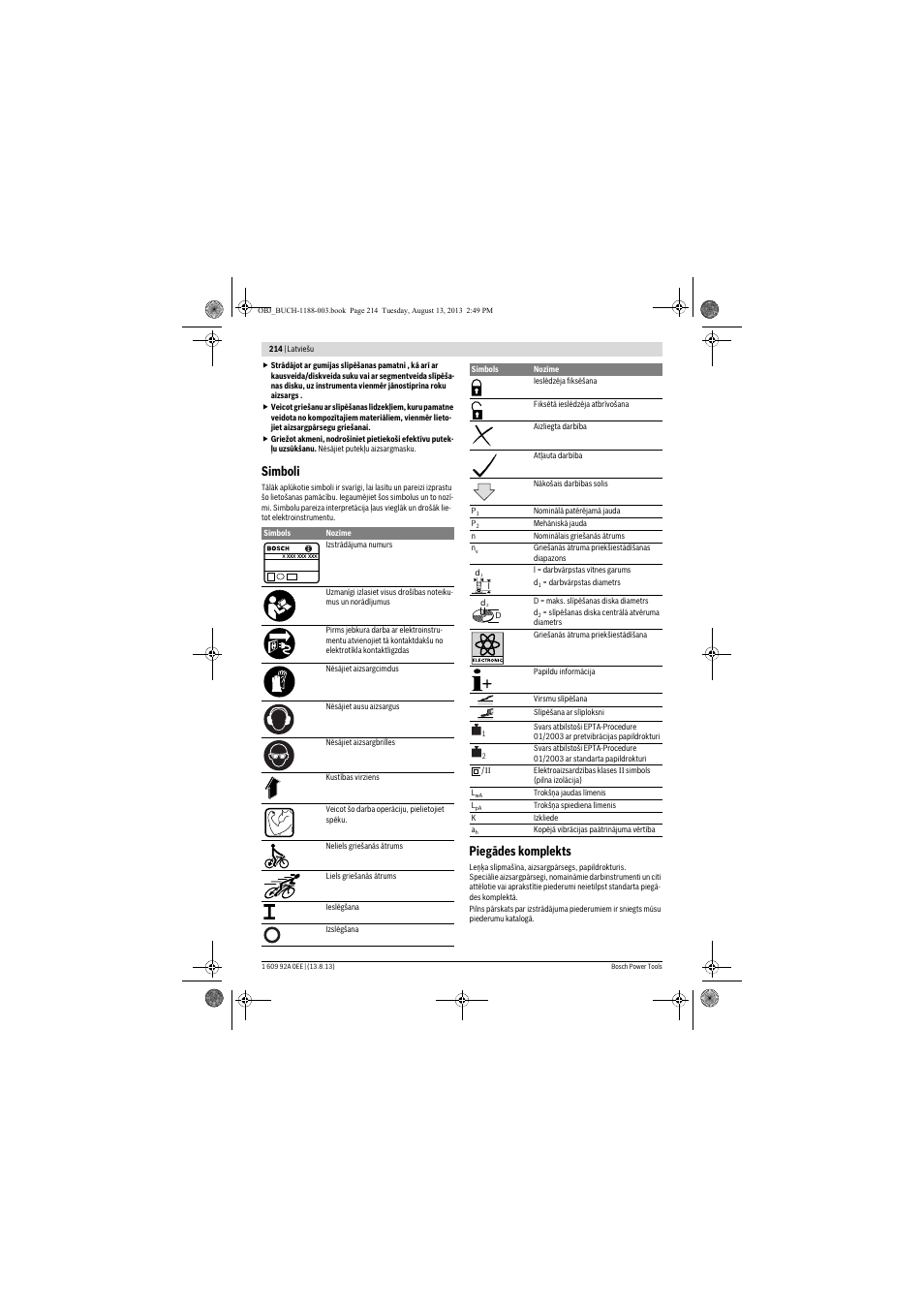 Simboli, Piegādes komplekts | Bosch GWS 7-125 Professional User Manual | Page 214 / 257