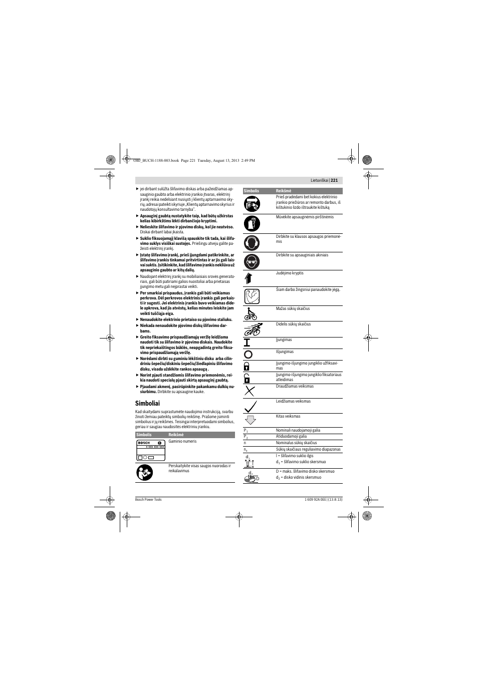 Simboliai | Bosch GWS 7-125 Professional User Manual | Page 221 / 257