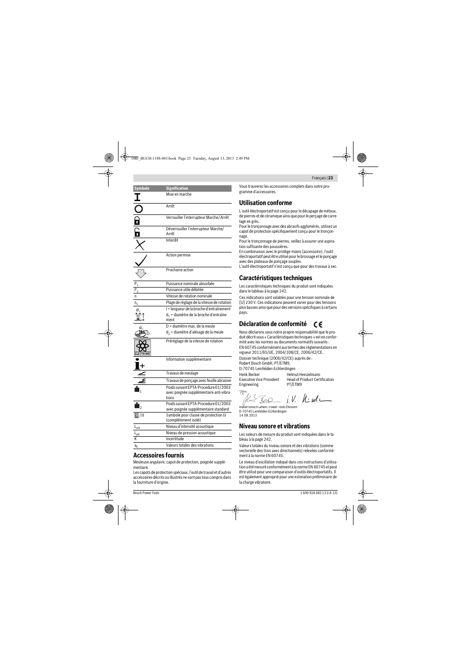 Accessoires fournis, Utilisation conforme, Caractéristiques techniques | Déclaration de conformité, Niveau sonore et vibrations | Bosch GWS 7-125 Professional User Manual | Page 23 / 257