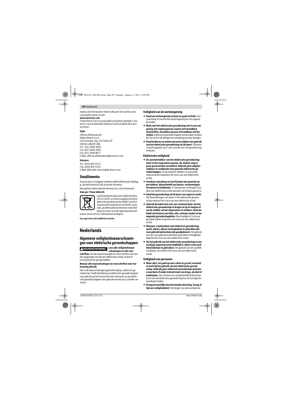 Nederlands, Smaltimento | Bosch GWS 7-125 Professional User Manual | Page 50 / 257