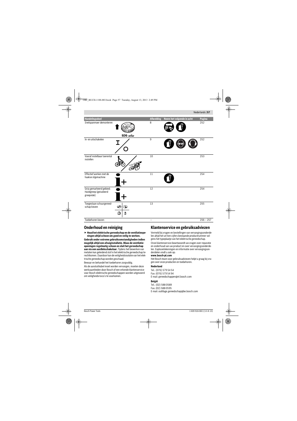 Onderhoud en reiniging, Klantenservice en gebruiksadviezen | Bosch GWS 7-125 Professional User Manual | Page 57 / 257