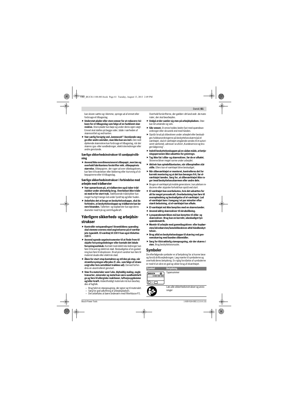 Yderligere sikkerheds- og arbejdsin- strukser, Symboler | Bosch GWS 7-125 Professional User Manual | Page 61 / 257