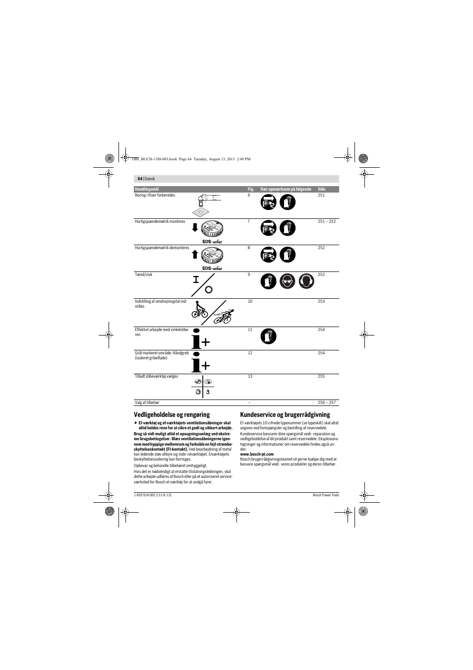 Vedligeholdelse og rengøring, Kundeservice og brugerrådgivning | Bosch GWS 7-125 Professional User Manual | Page 64 / 257