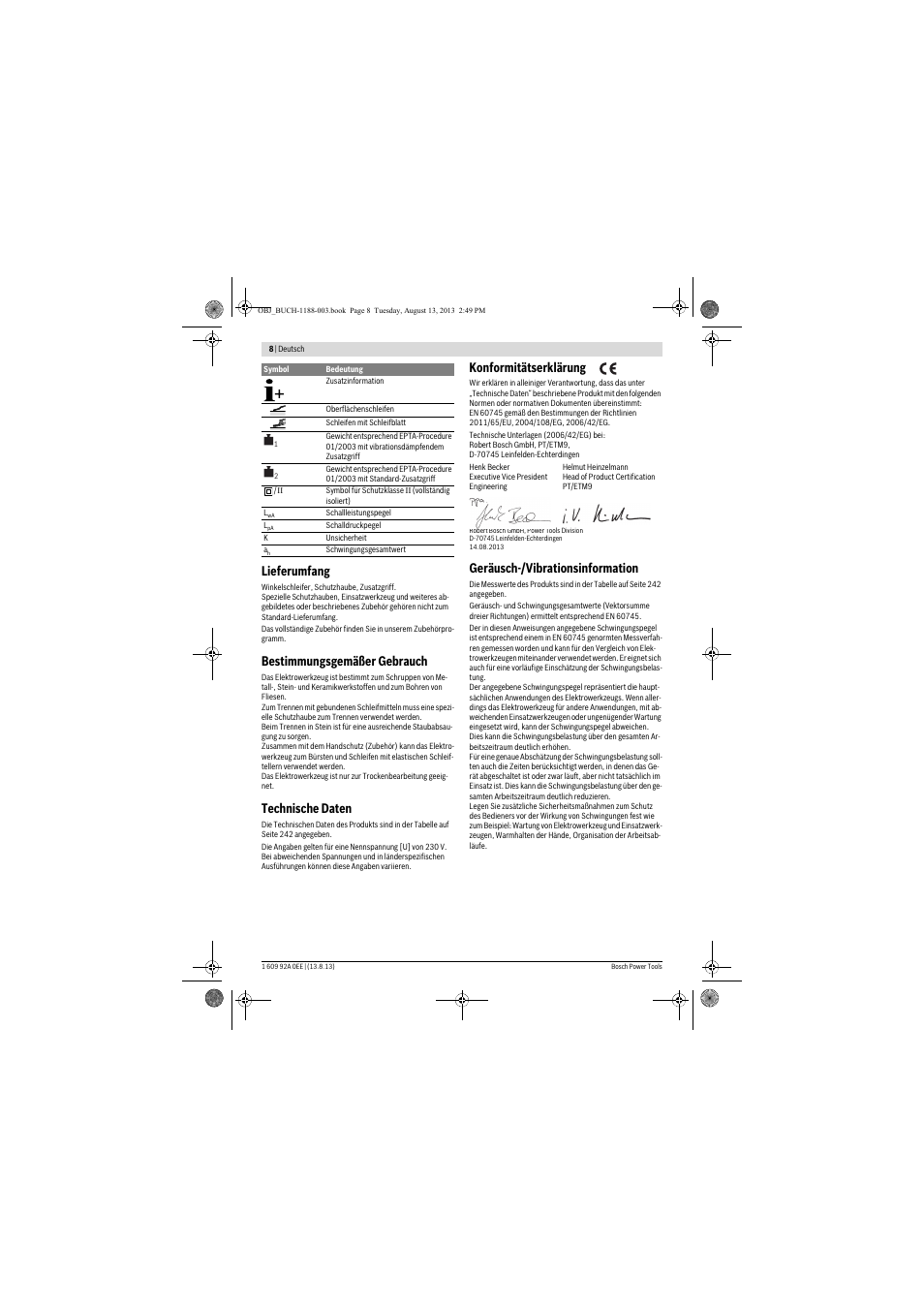 Lieferumfang, Bestimmungsgemäßer gebrauch, Technische daten | Konformitätserklärung, Geräusch-/vibrationsinformation | Bosch GWS 7-125 Professional User Manual | Page 8 / 257