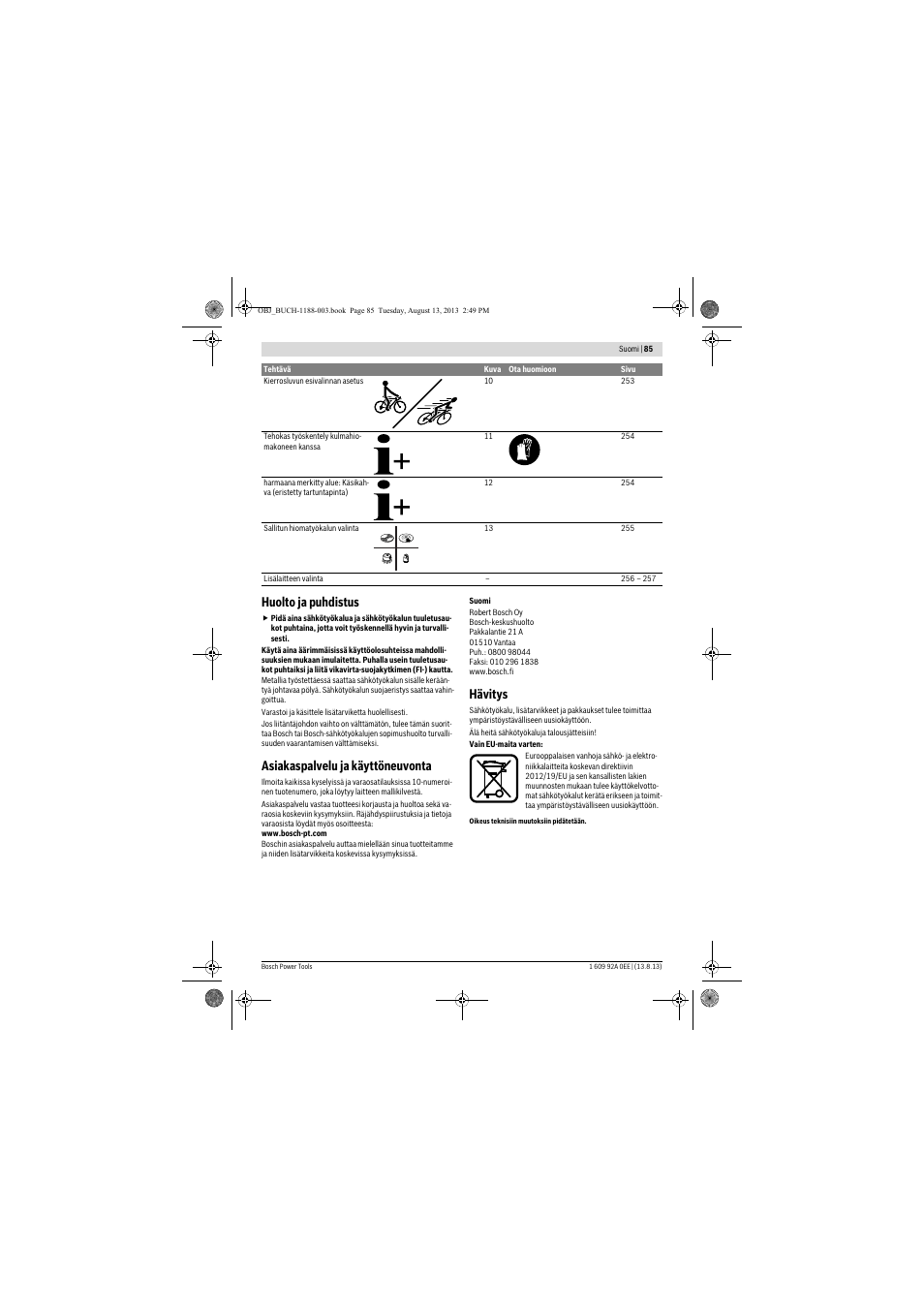 Huolto ja puhdistus, Asiakaspalvelu ja käyttöneuvonta, Hävitys | Bosch GWS 7-125 Professional User Manual | Page 85 / 257