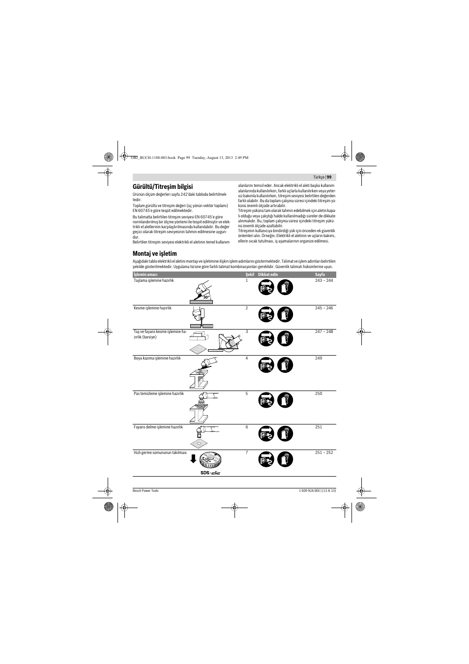 Gürültü/titreşim bilgisi, Montaj ve işletim | Bosch GWS 7-125 Professional User Manual | Page 99 / 257