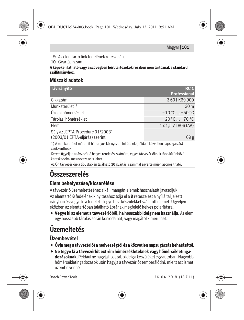 Összeszerelés, Üzemeltetés | Bosch RC 1 Professional User Manual | Page 101 / 188