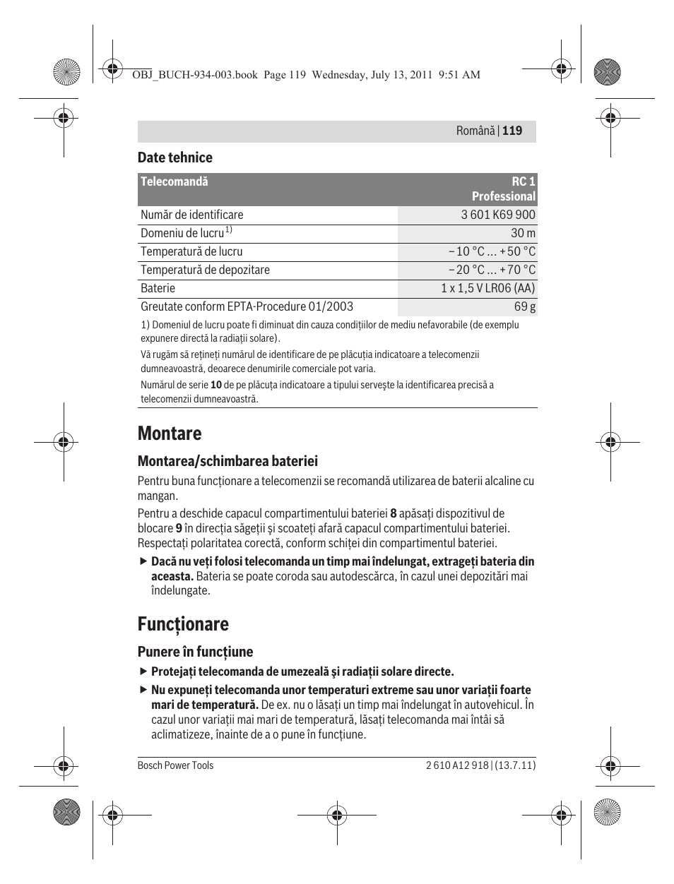 Montare, Funcţionare | Bosch RC 1 Professional User Manual | Page 119 / 188