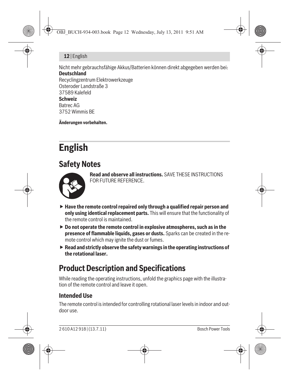 English, Product description and specifications | Bosch RC 1 Professional User Manual | Page 12 / 188