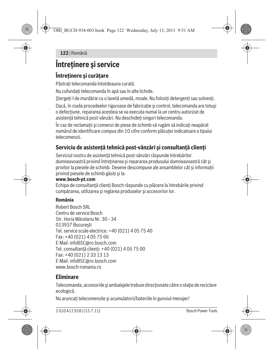 Întreţinere şi service | Bosch RC 1 Professional User Manual | Page 122 / 188