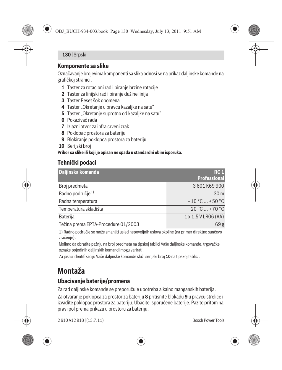 Montaža | Bosch RC 1 Professional User Manual | Page 130 / 188