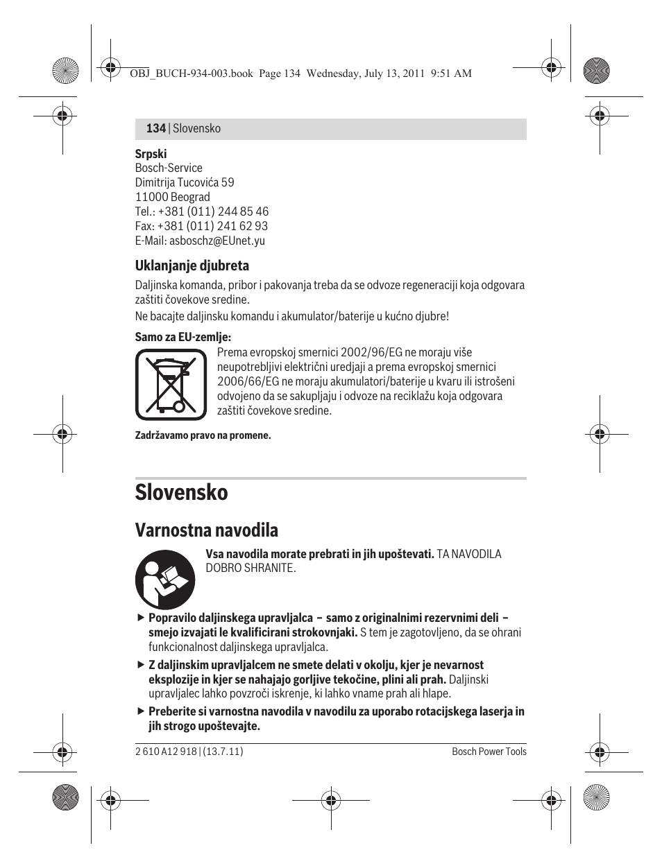 Slovensko, Varnostna navodila | Bosch RC 1 Professional User Manual | Page 134 / 188