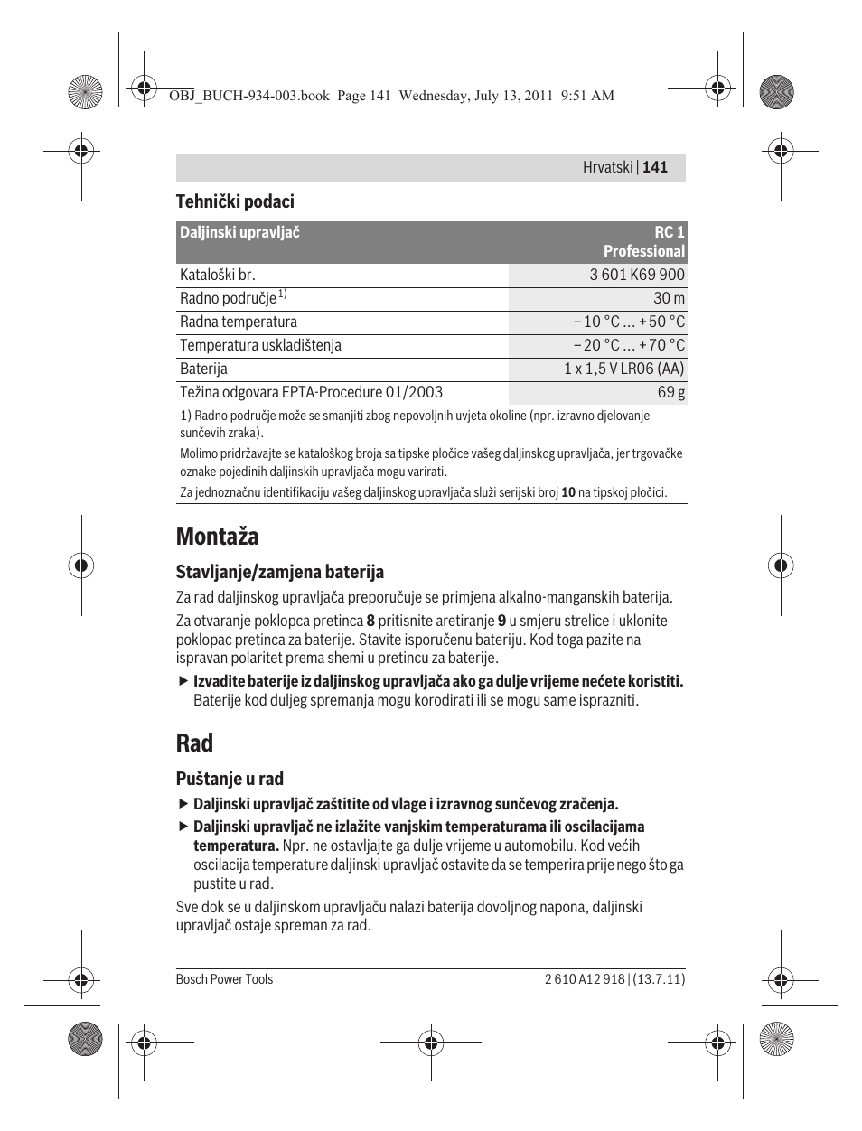 Montaža | Bosch RC 1 Professional User Manual | Page 141 / 188