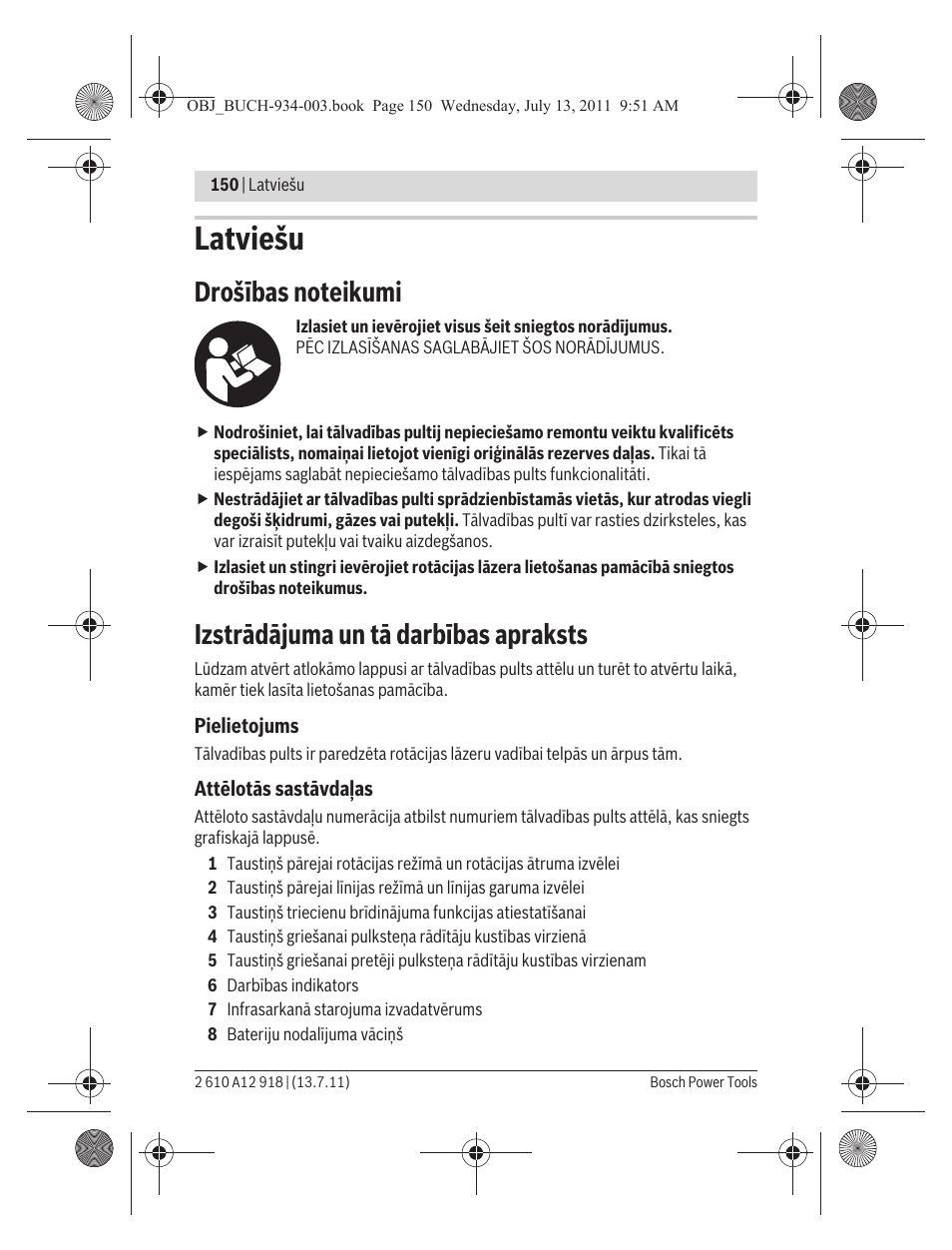 Latviešu, Izstrādājuma un tā darbības apraksts | Bosch RC 1 Professional User Manual | Page 150 / 188