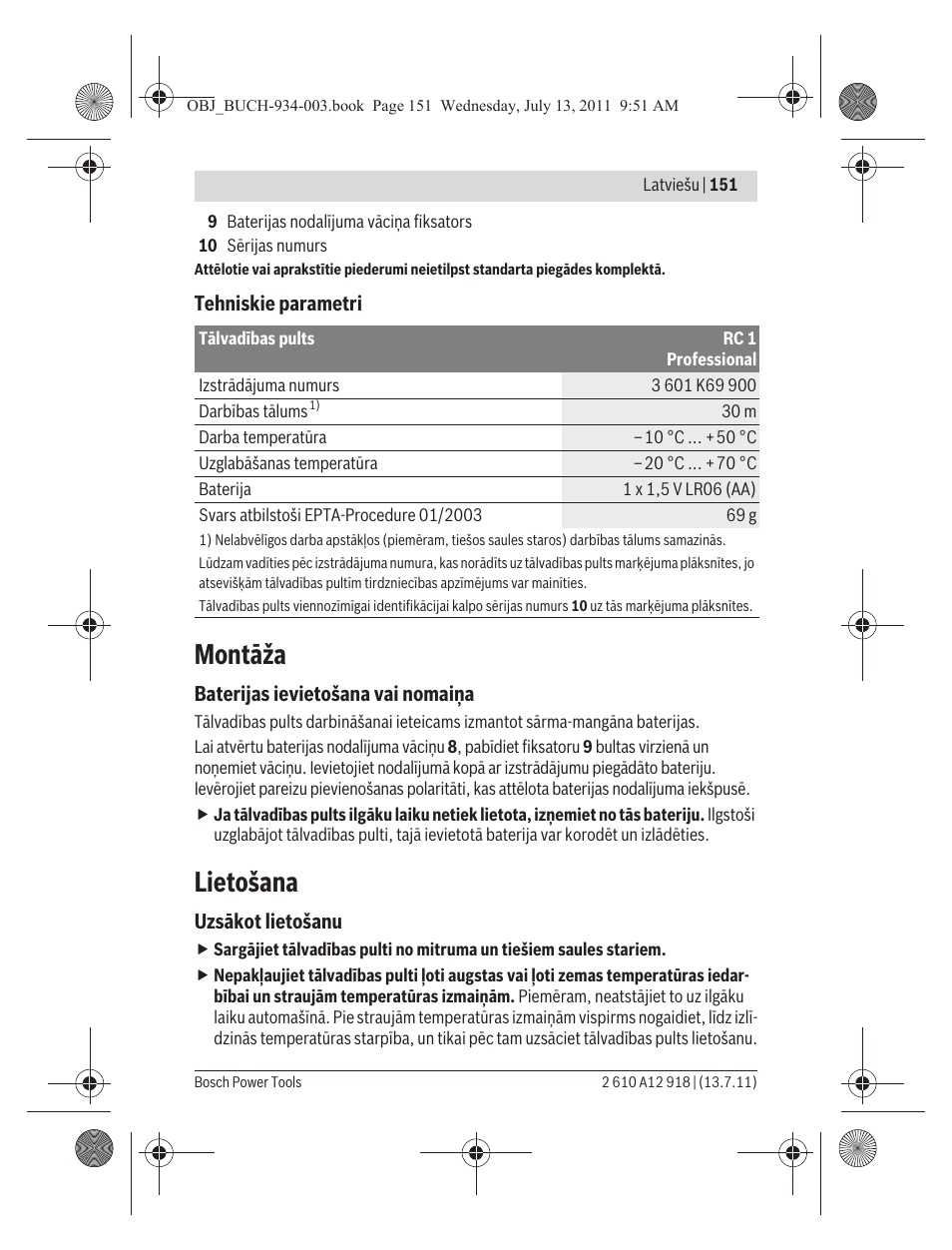 Montāža, Lietošana | Bosch RC 1 Professional User Manual | Page 151 / 188