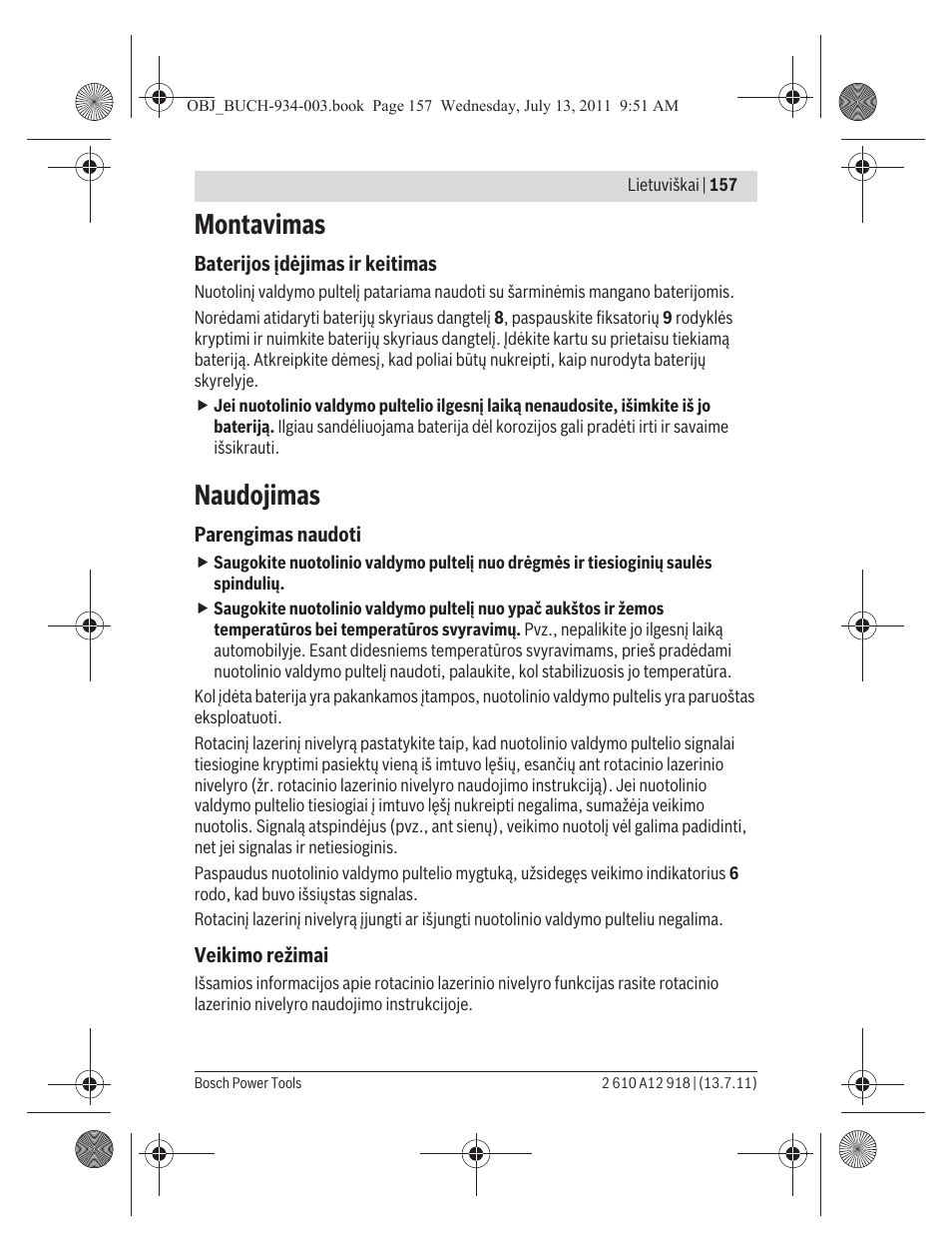 Montavimas, Naudojimas | Bosch RC 1 Professional User Manual | Page 157 / 188