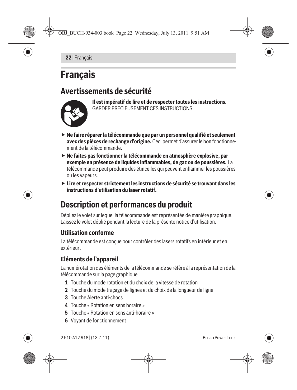 Français, Avertissements de sécurité, Description et performances du produit | Bosch RC 1 Professional User Manual | Page 22 / 188