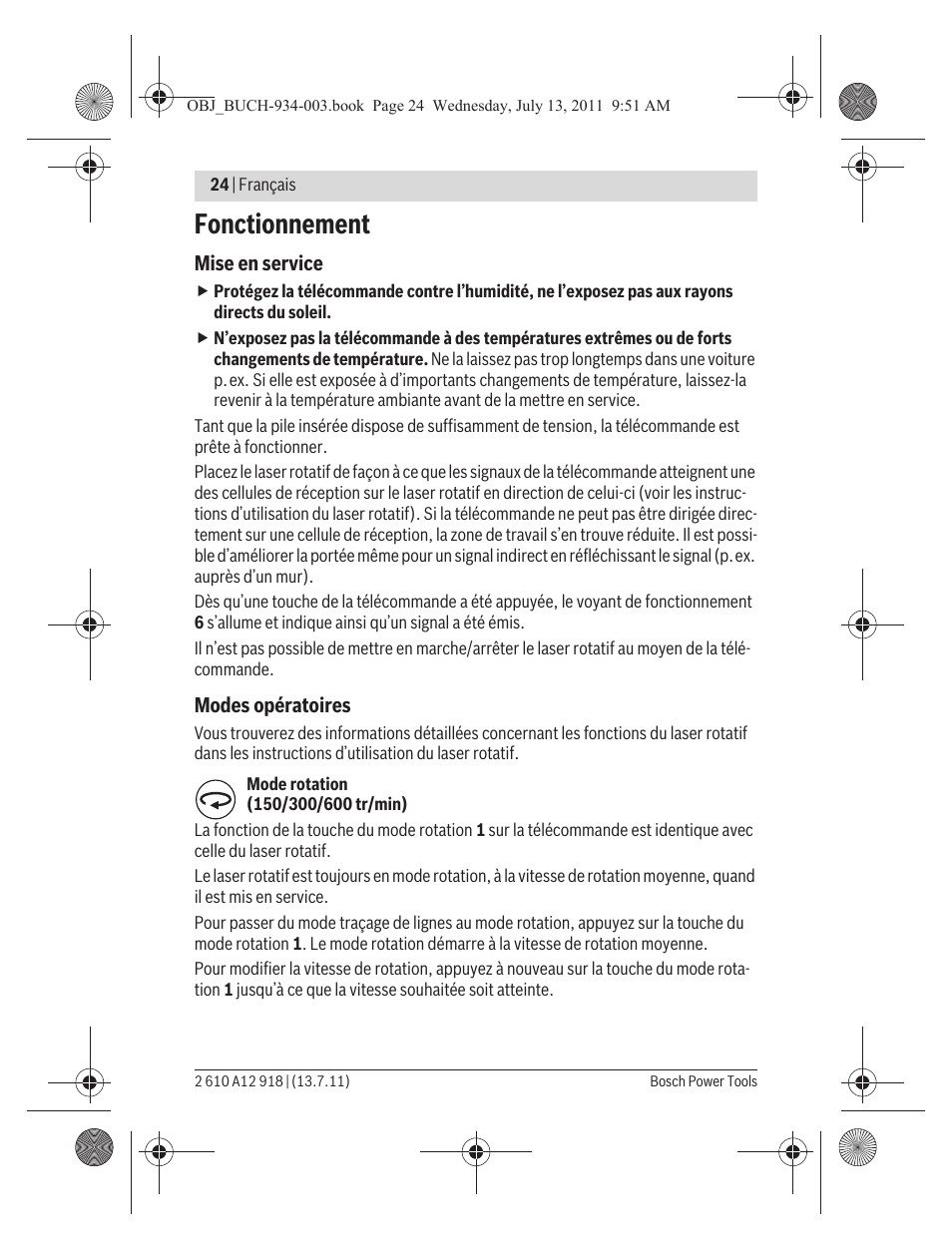 Fonctionnement | Bosch RC 1 Professional User Manual | Page 24 / 188