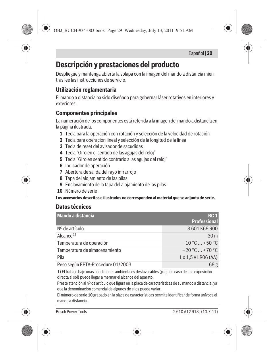 Descripción y prestaciones del producto | Bosch RC 1 Professional User Manual | Page 29 / 188