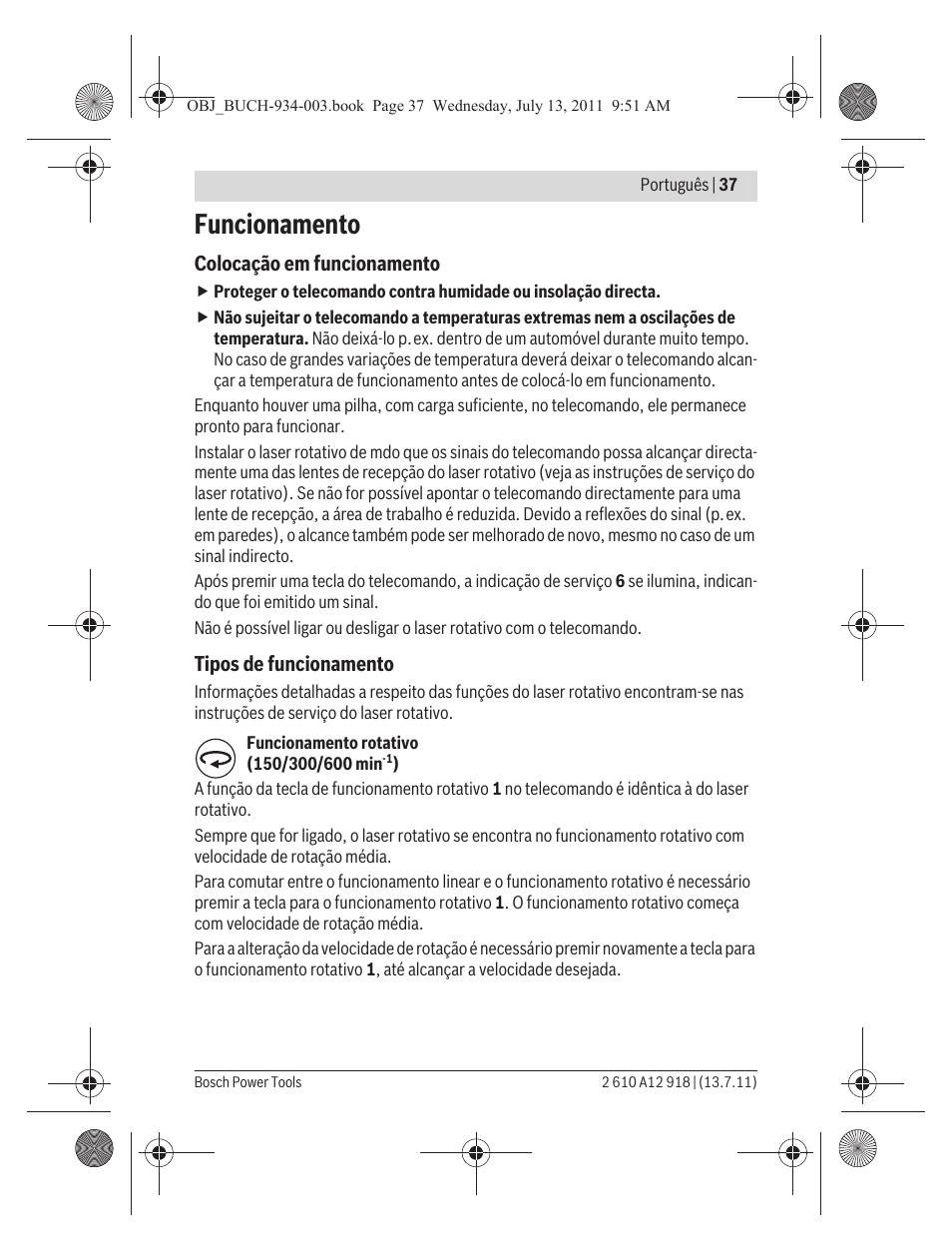 Funcionamento | Bosch RC 1 Professional User Manual | Page 37 / 188