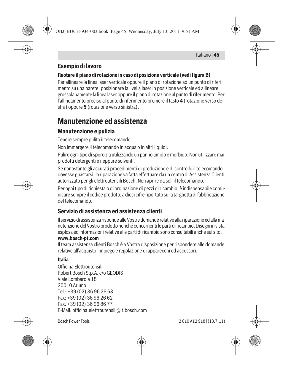 Manutenzione ed assistenza | Bosch RC 1 Professional User Manual | Page 45 / 188