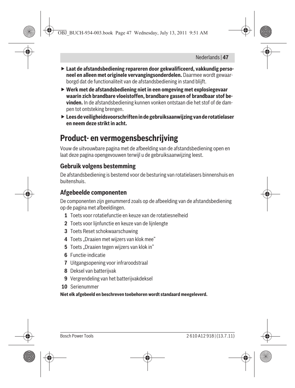 Product- en vermogensbeschrijving | Bosch RC 1 Professional User Manual | Page 47 / 188