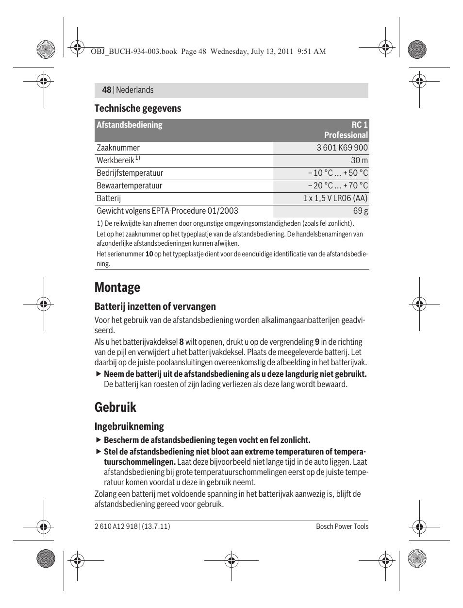 Montage, Gebruik | Bosch RC 1 Professional User Manual | Page 48 / 188