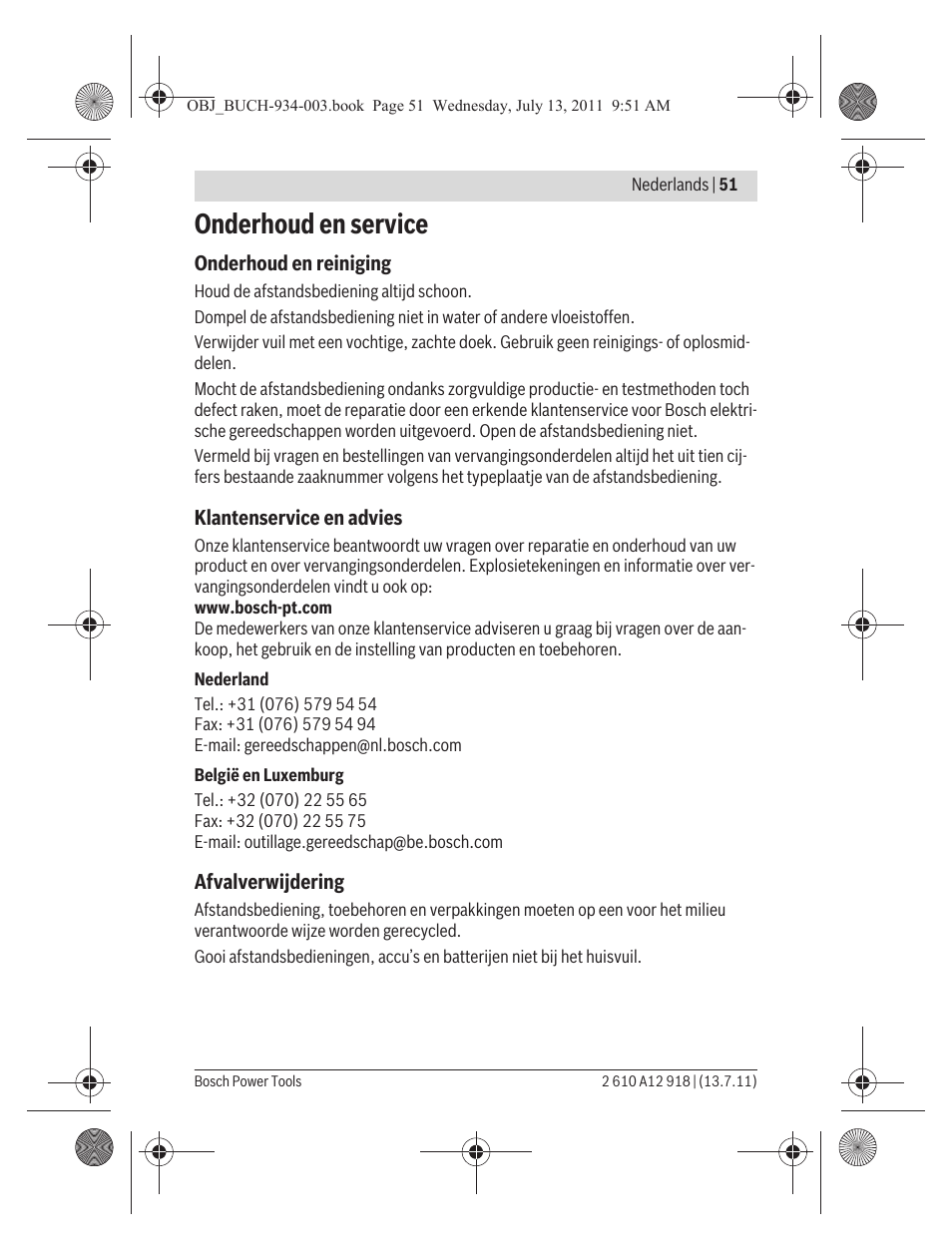 Onderhoud en service | Bosch RC 1 Professional User Manual | Page 51 / 188