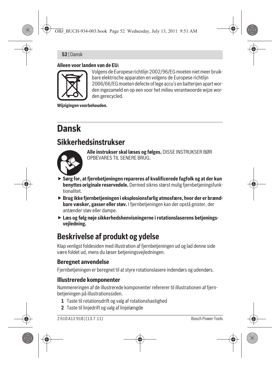 Dansk, Sikkerhedsinstrukser, Beskrivelse af produkt og ydelse | Bosch RC 1 Professional User Manual | Page 52 / 188