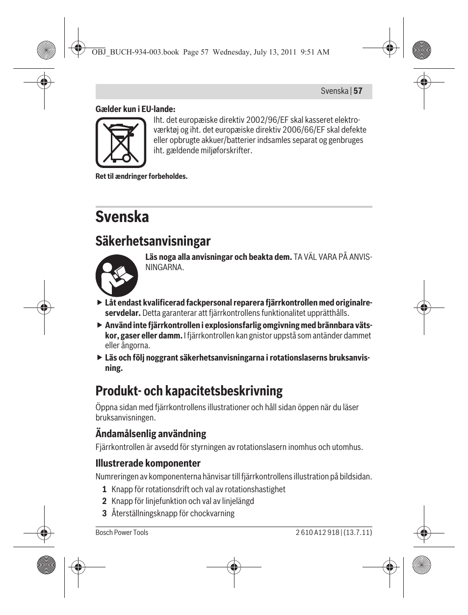 Svenska, Säkerhetsanvisningar, Produkt- och kapacitetsbeskrivning | Bosch RC 1 Professional User Manual | Page 57 / 188