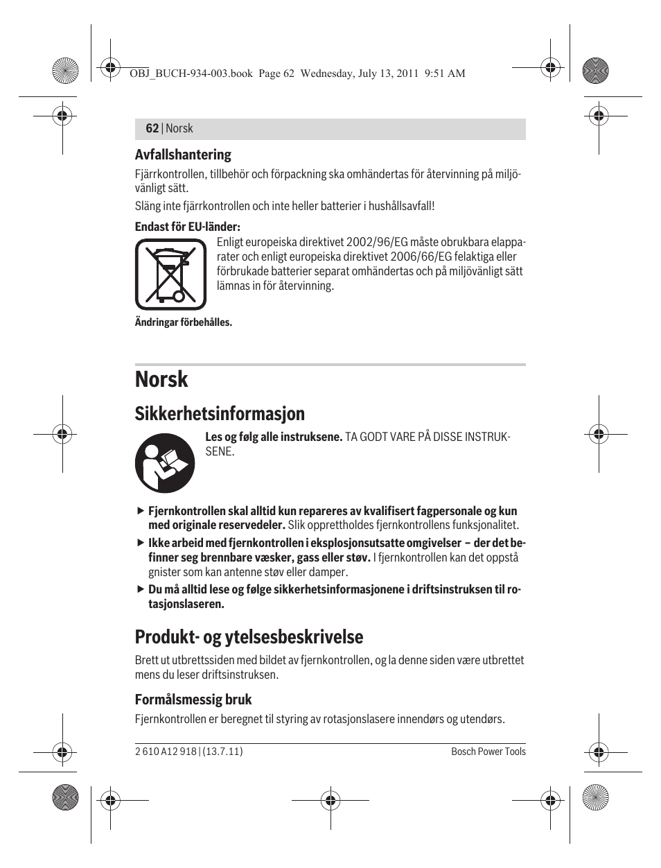 Norsk, Sikkerhetsinformasjon, Produkt- og ytelsesbeskrivelse | Bosch RC 1 Professional User Manual | Page 62 / 188