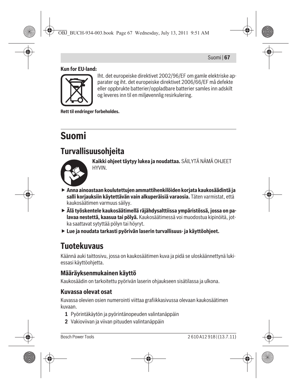 Suomi, Turvallisuusohjeita, Tuotekuvaus | Bosch RC 1 Professional User Manual | Page 67 / 188