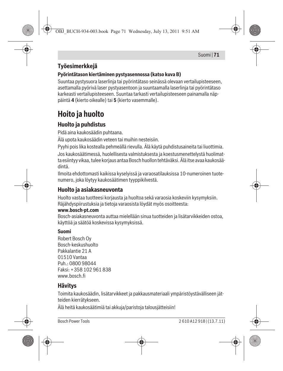 Hoito ja huolto | Bosch RC 1 Professional User Manual | Page 71 / 188