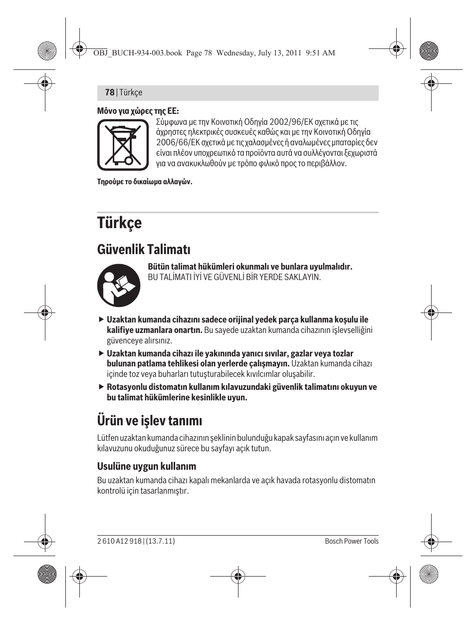 Türkçe, Güvenlik talimat, Ürün ve işlev tan m | Bosch RC 1 Professional User Manual | Page 78 / 188