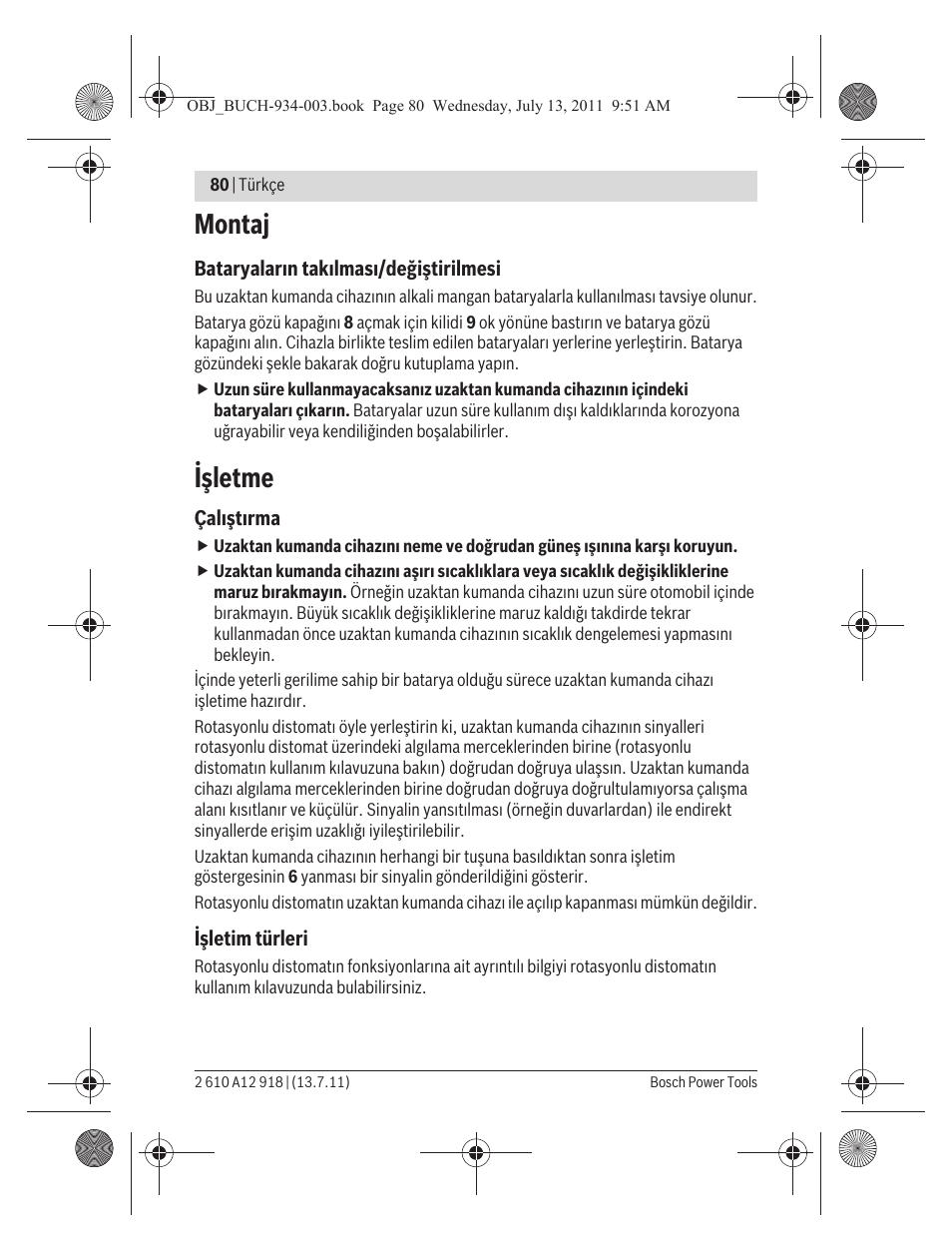 Montaj, Işletme | Bosch RC 1 Professional User Manual | Page 80 / 188