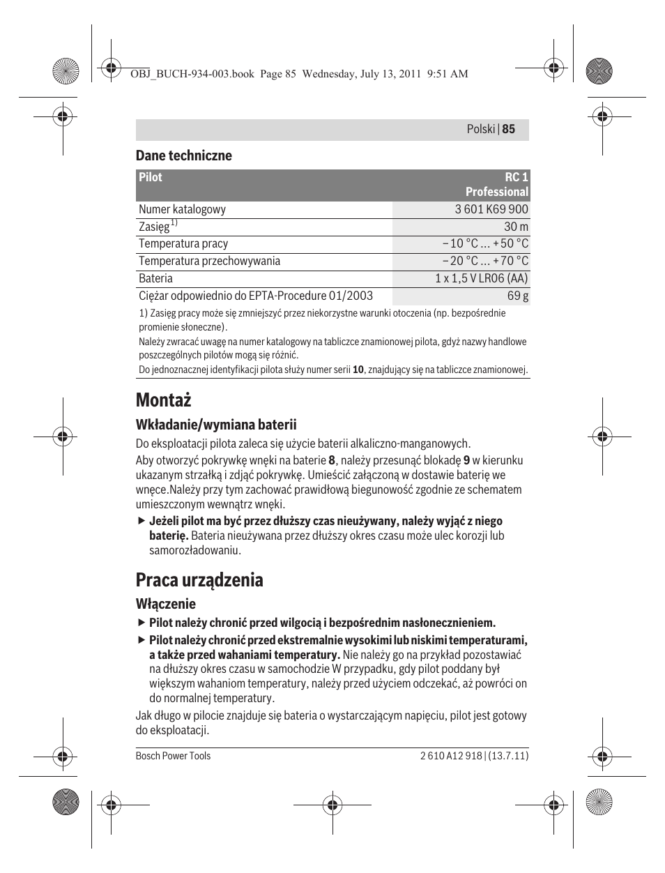 Montaż, Praca urządzenia | Bosch RC 1 Professional User Manual | Page 85 / 188